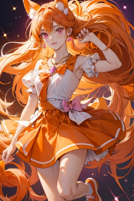 Tangerine is a with dark orange clear legs, a solid dark orange head and torso, and a clear dark orange mane and tail. She wears a white and orange necklace and on one hoof is wearing a pink and white shoe. She has a lavender and magenta bow clipped to one ear. SPARKLE; GLITTER