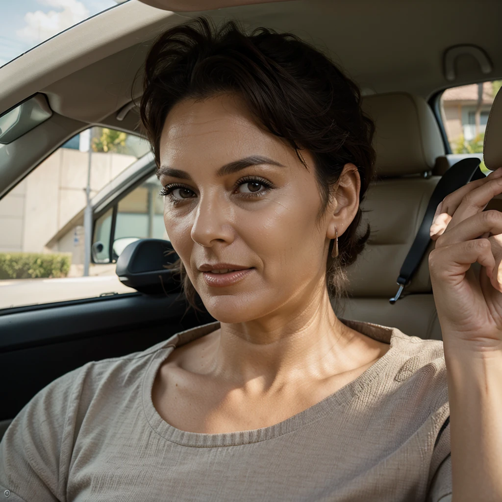 55 year old mother driving, turns her face to the right