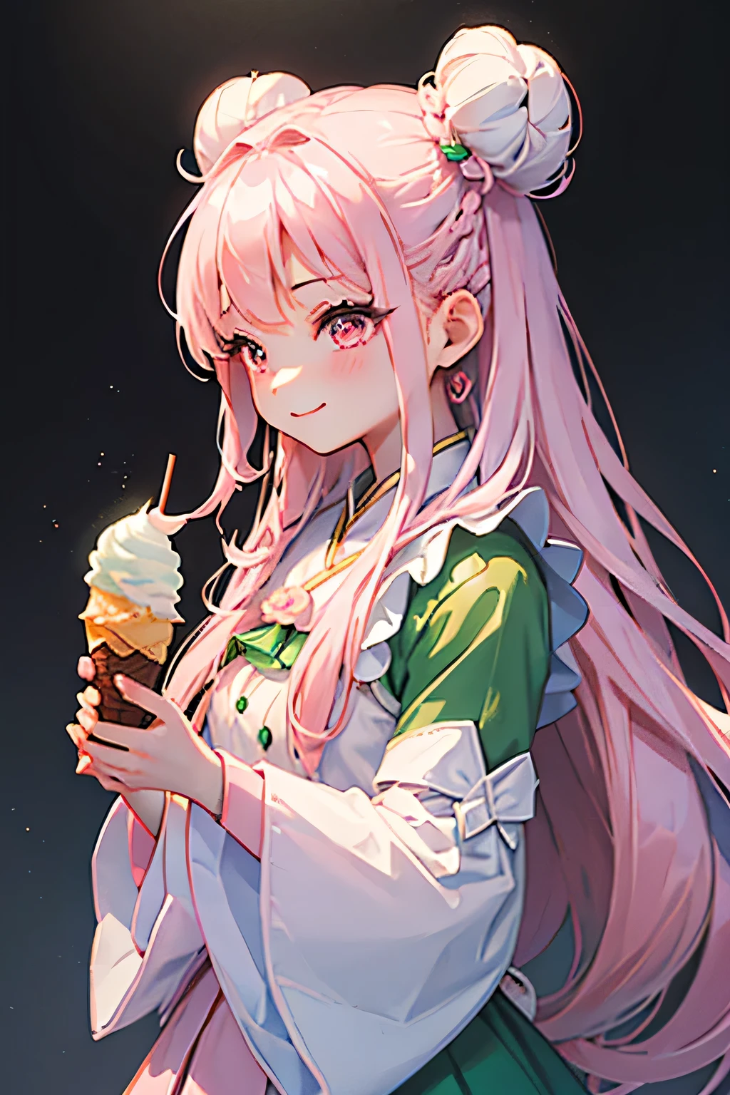 ((masterpiece))、(((Highest quality)))、((Super detailed))、((An illustration))、Attention to detail、Highly detailed CG Unity 8k、High resolution、美しいAttention to detail目、(Hair Ribbon:0.4), Pink Eyes,(((White bun hair))),(((Long pink hair))),Attention to detail、美しいAttention to detail目,(She wears orange and green doll-like clothing.)、Face close-up、smile、(((I have ice cream)))