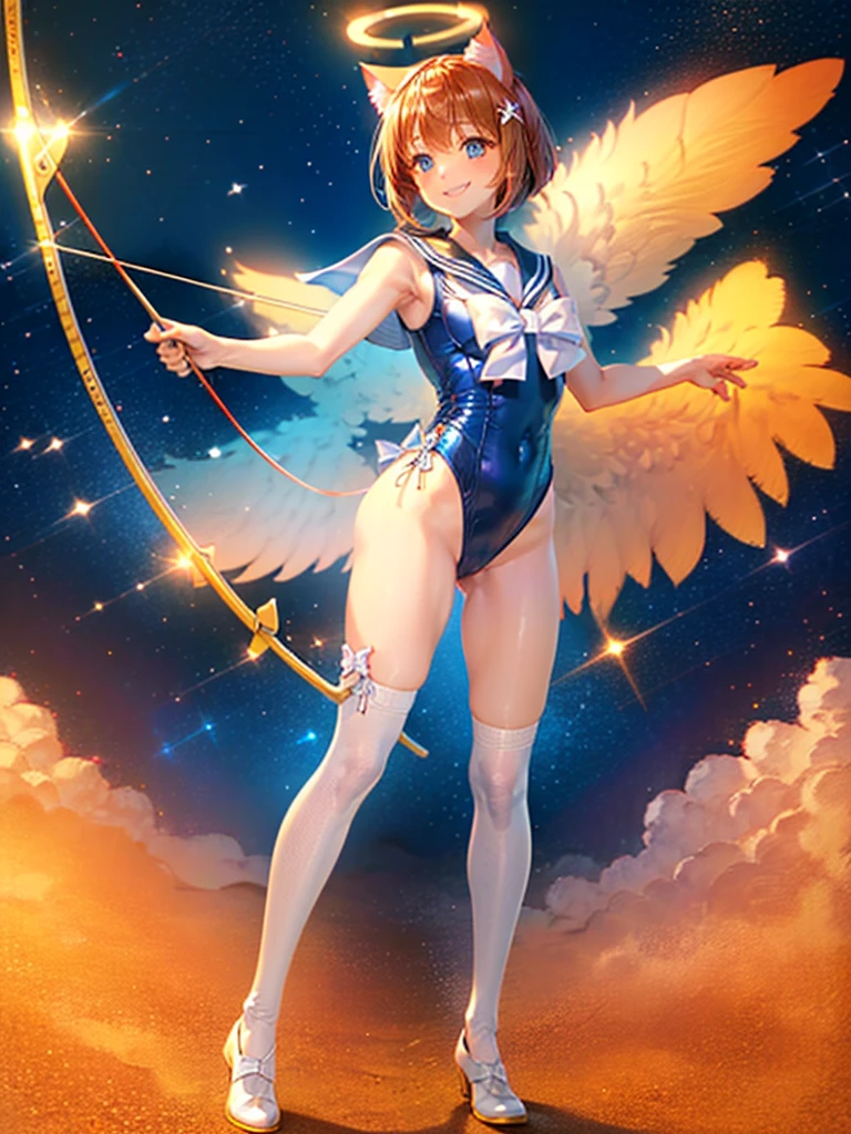 Highest quality,Highest Resolution,Masterpiece,(((A beautiful girl in a sailor leotard with a smile on her face))),High leg,Frills,White knee-high stockings,,Red tie,(((Cat ear))),(((Halation))),Brown hair short bob,(((Elaborate:archery))),White angel wings on the back,universe,Milky Way,Meteor,dark,Bow of Light,whole body,Bow of Light,A distant view,Side view,(((Draw the bow))),Halo,弓を引いている,