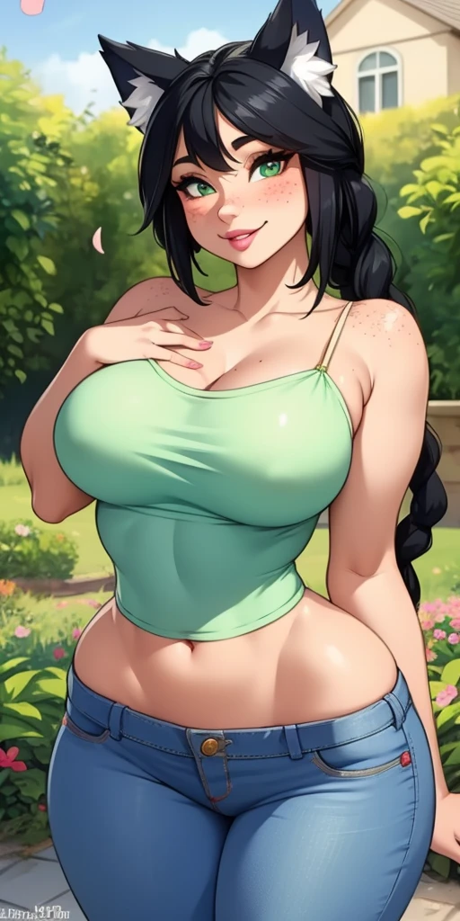 Beautiful round medium breasts, 1girl, ((black hair, Beautiful long braid, braid decorated with petals)) ((wolf girl, Fluffy wolf furry ears)) light green eyes, has an beautiful sensual body with freckles, with full breasts and thin waist, HIP HOP Beautiful and cute jeans, beautiful blouse with strap fabric delicate, has a bold appearance. young, quality, realistic, best quality, cute expression, pink lipstick lips, smile, in the garden, beautiful house in the background