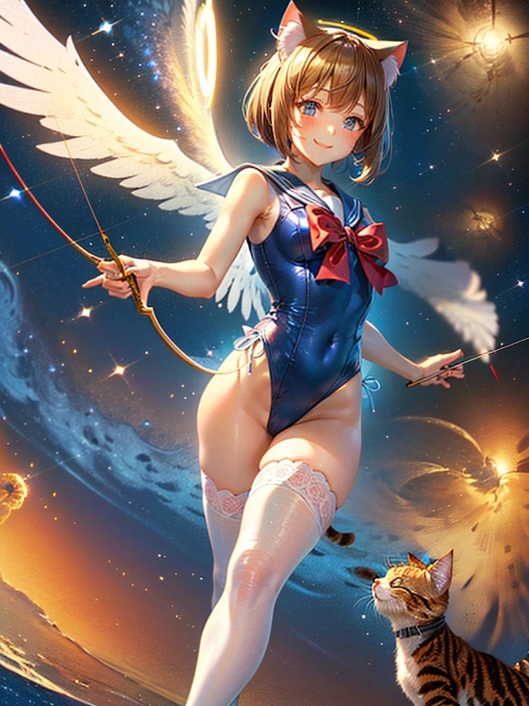 Highest quality,Highest Resolution,Masterpiece,(((A beautiful girl in a sailor leotard with a smile on her face))),High leg,Frills,White knee-high stockings,,Red tie,(((Cat ear))),(((Halation))),Brown hair short bob,(((Elaborate:archery))),White angel wings on the back,universe,Milky Way,Meteor,dark,Bow of Light,whole body,Bow of Light,A distant view,Side view,(((Draw the bow))),Halo,弓を引いている,