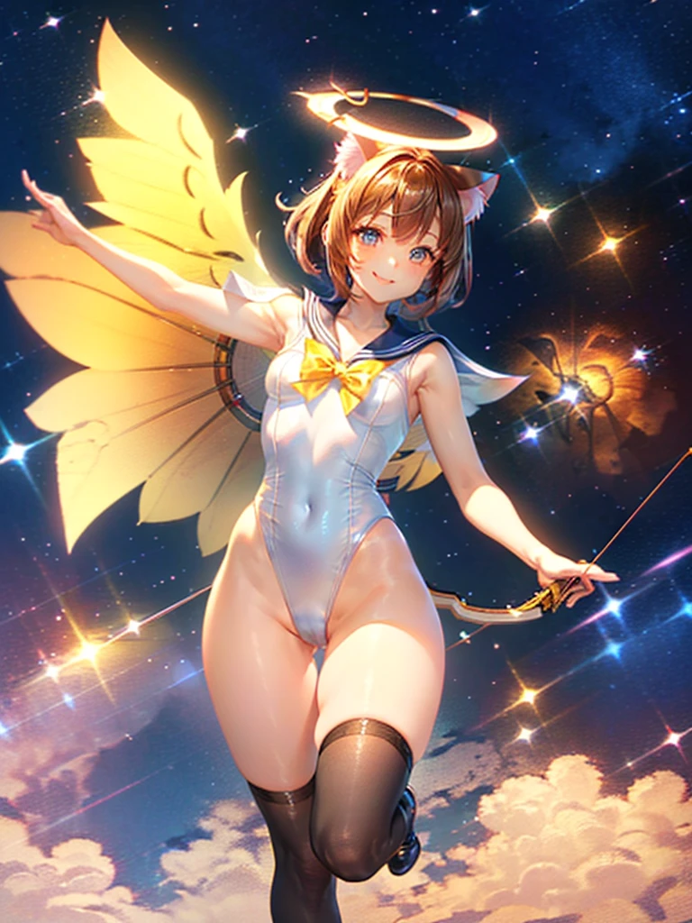 Highest quality,Highest Resolution,Masterpiece,(((A beautiful girl in a sailor leotard with a smile on her face))),High leg,Frills,White knee-high stockings,,Red tie,(((Cat ear))),(((Halation))),Brown hair short bob,(((Elaborate:archery))),White angel wings on the back,universe,Milky Way,Meteor,dark,Bow of Light,whole body,Bow of Light,A distant view,Side view,(((Draw the bow))),Halo,弓を引いている,