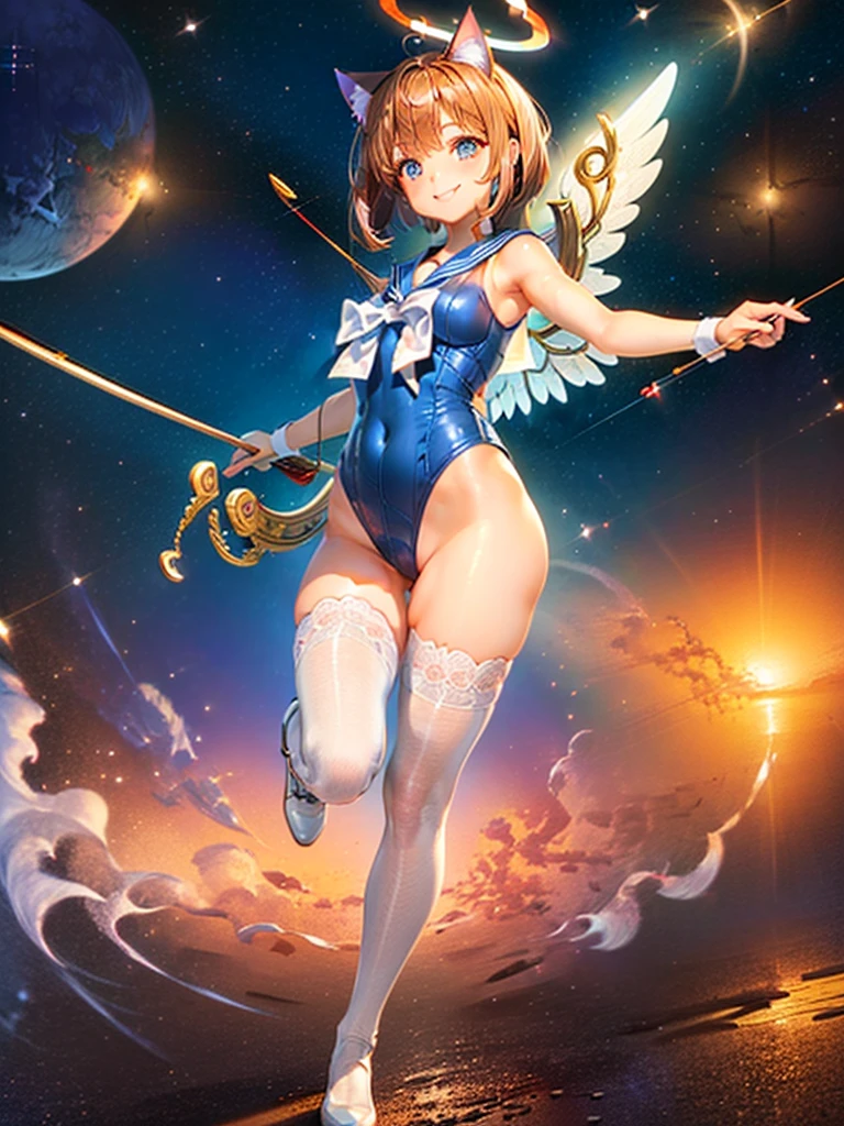 Highest quality,Highest Resolution,Masterpiece,(((A beautiful girl in a sailor leotard with a smile on her face))),High leg,Frills,White knee-high stockings,,Red tie,(((Cat ear))),(((Halation))),Brown hair short bob,(((Elaborate:archery))),White angel wings on the back,universe,Milky Way,Meteor,dark,Bow of Light,whole body,Bow of Light,A distant view,Side view,(((Draw the bow))),Halo,弓を引いている,