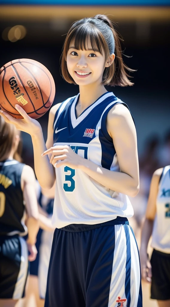 (Background during a basketball game),Asian woman in basketball uniform, wearing basketball jersey, (Photorealsitic:1.2), (Anatomically correct), (Reflecting the whole body), (longshot),A smile,half-pants, closeup portrait shot, Refreshing young Japan woman, Cute gravure idol, full-body xianxia, nffsw, masutepiece, awardwinning, 8K, Best Quality, assist々Kiki, Kana Hashimoto, Mai Shiraishi, Nishino Nanase, Mayu Watanabe, Yuki Yoda, assist々xylophone, awardwinning, nffsw, masutepiece, Anatomically correct, At 8K,perfect-composition,Photographed by a professional photographer