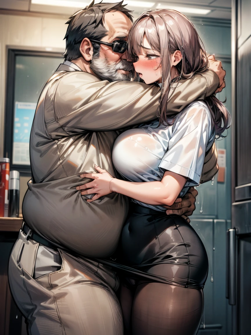 (One girl, A fat middle-aged man:1.2), Torn pantyhose, White shirt, Pencil Skirt, blush, French kiss, hug, Big Breasts, office, Very detailed, High resolution, 4K, masterpiece, High resolution、(tears:1.4)、Wall