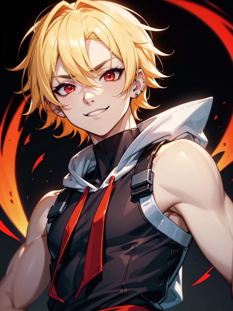 (((Portrait Photo))), He has a Vibrant and Energetic Appearance of a 15-Year-Old, with a Lean Build that Exudes Strength and Agility. His Short, Tousled Blonde Hair Adds to His Dynamic and Lively Aura. His Piercing Red Eyes are Filled with a Fierce Determination and Mischievous Spark, Drawing Attention with their Fiery Intensity. He is Dressed in a Sleeveless White Hoodie with Black Accents. His Confident Smirk and Powerful Stance Reflect His Bold and Adventurous Personality. (((High Quality, Dark Background))), (((Portrait Photo)))