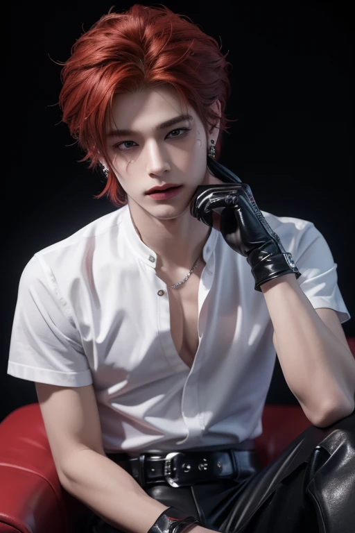 ((highest quality, 8K, masterpiece: 1.3)), Handsome boy from a visual kei band:1.5, 20-year-old、Delinquent boy、 well-groomed face, Red hair color、thin face、(white skin:1.5)、blue eyes、boy with makeup、Super handsome、laugh suspiciously、sexy eyes、Extra-fine face, handsome nose, small eyes and face, beautiful lighting, High resolution, detailed mouth, smile, whole body: 1.5, perfect body shape、super slim,Midial Hair、pointed hair set、white shirt、Chrome hearts、leather pants、leather belt、Silver earrings、leather gloves、lip piercing