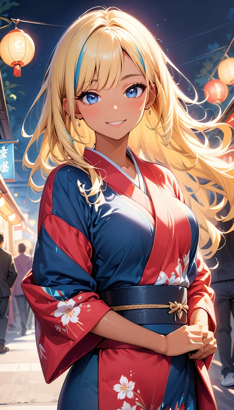 (highest quality:1.2, Very detailed, up to date, Vibrant, Ultra-high resolution, High Contrast, masterpiece:1.2, highest quality, Best aesthetics), Portraiture, girl, slim, 25 years old, Bright colors、Beautiful fine details、Beautiful lip detail、long hair, ((wavy hair:0.4))、messy hair, blonde and blue ((streaked hair:1.3)), highlights hair: 1.3, (medium breast:1), (tan skin:1.3), 、(traditional yukata), summer festival, bon dance, ((smile:1)), cowboy shot,