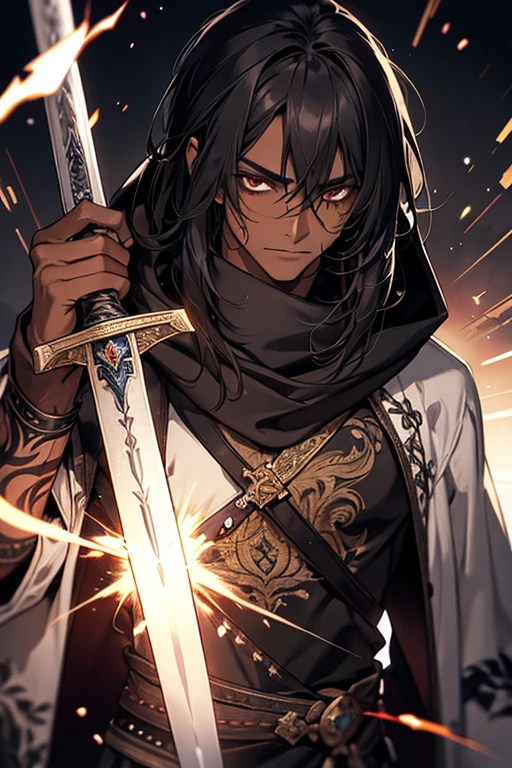 naughty man, grown-up, dark-skinned, long medium length hair with bangs, Bblack hair, olhos dark-skinned , comely, warrior, sword with engravings and sparks of energy, tattoo's, hooded scarf, RPG