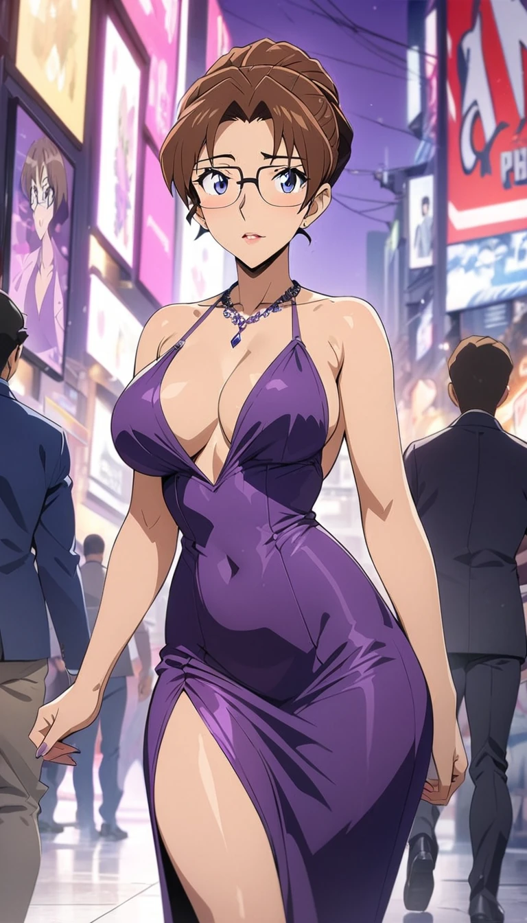 Best quality,masterpiece,brown hair,Purple evening dress,Big ,Perfect body,full-body shot,Cool poster,Wearing glasses,36 mature beauties,Single player anime style