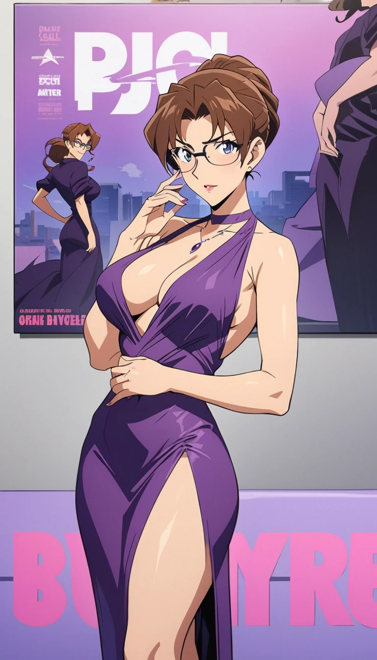 Best quality,masterpiece,brown hair,Purple evening dress,Big ,Perfect body,full-body shot,Cool poster,Wearing glasses,36 mature beauties,Single player anime style