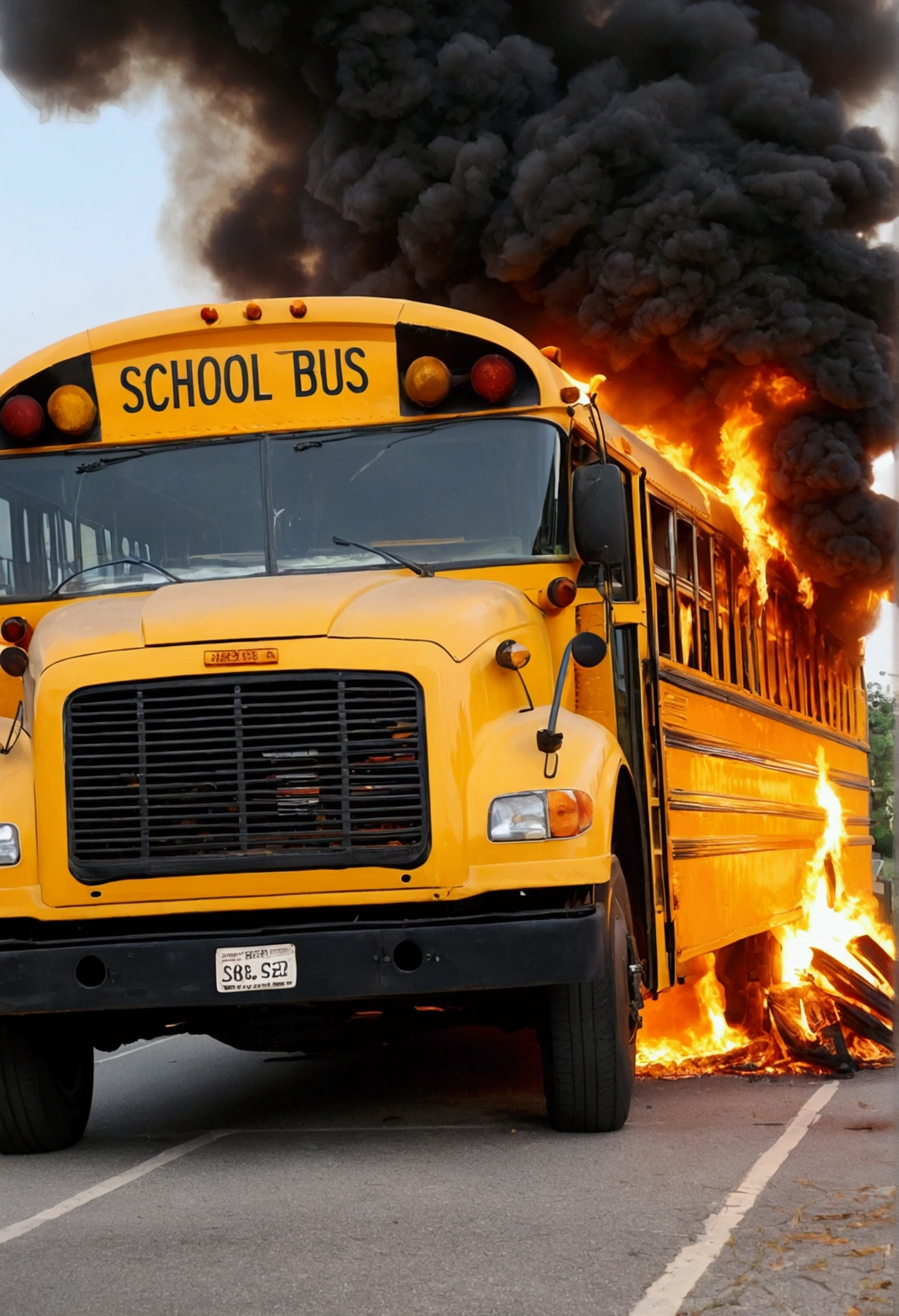 A burning bus crashed head first into the ground in front of a cliffside, boulders, trees, (((inside rock valley))), (((fire))), burning rubble, (((off road))), flipped, demolished bus, (((on fire))), (((set ablaze)))