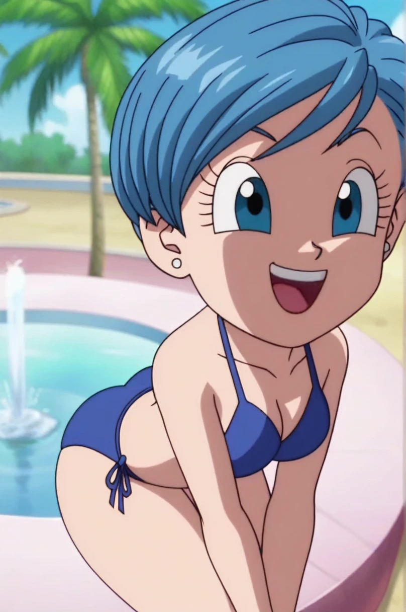 fountain_cheered up, score_9, score_8_above, score_7_above, cheered up screencap,8k, absurd resolution, 
BULMA, 1 girl, Alone, old, SMILE, short hair, bowl cut, nose,  Open mouth, Blue eyes, neckline, jewelry, medium old, blue fur, aboveper body, :d, earrings, outdoor, sky, day, cloud, blurred, tree, palm tree, Official style, cheered up coloring, portrait, medium tits, medium ass, sexy, Wide hips, Bikini, showing the ass
 