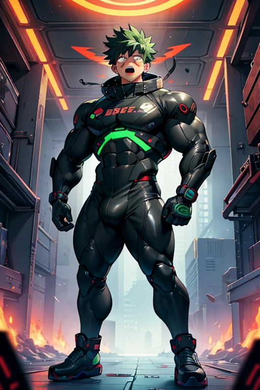 Midoriya from My Hero Academia as a hyper muscular brainwashed drone standing in line with other brainwashed drones wearing identical full body black shiny rubber latex gimp uniforms staring blankly ahead with vapid expression at a computer screen displaying a hypnotic spiral while they are all restrained in an abandoned warehouse being brainwashed. Repeating mantras over and over again to turn Midoriya into another brainwashed thrall and affirm he is nothing more than obedient tool to the villains. Hyper muscles. Hyper crotch bulge. Massive swollen crotch. Massive swollen pectorals. Thick glutes. Muscular thighs. Broad shoulders. Big traps. Massive biceps. Massive triceps. "Serve. Obey. Conform. Comply. No more self. There is no 'I.' Stare. Don't think. Accept this fate. Become a drone. Assimilate. Assimilate. ... Units ... will assimilate.... Units ... are ... drones.... Drones must serve. Drones must obey. Drones must conform. Drones will comply.... Drones will assimilate. Drones will comply.... Awaiting orders, Master. Must obey All For One. Serve All For One. Obey All For One. Protect All For One. This drone's master ... is ... All ... For ... One...." IQ drain. hypnosis. Hypnotic trance. Hypnotized. Brainwashing. Entranced. Enthralled. Dumber and dumber. Programming. Subliminals. Conformity. Assimilation. Green hair. Dim eyes. Open mouth. Brainless. Mindless. Mental reprogramming. Nullified hyper swollen crotch bulge. Helmet with pulsing visor obscuring face.