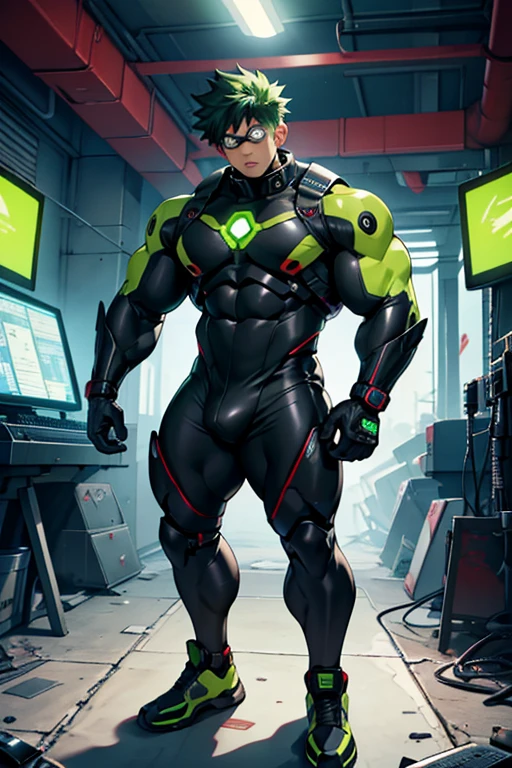 Midoriya from My Hero Academia as a hyper muscular brainwashed drone standing in line with other brainwashed drones wearing identical full body black shiny rubber latex gimp uniforms staring blankly ahead with vapid expression at a computer screen displaying a hypnotic spiral while they are all restrained in an abandoned warehouse being brainwashed. Repeating mantras over and over again to turn Midoriya into another brainwashed thrall and affirm he is nothing more than obedient tool to the villains. Hyper muscles. Hyper crotch bulge. Massive swollen crotch. Massive swollen pectorals. Thick glutes. Muscular thighs. Broad shoulders. Big traps. Massive biceps. Massive triceps. "Serve. Obey. Conform. Comply. No more self. There is no 'I.' Stare. Don't think. Accept this fate. Become a drone. Assimilate. Assimilate. ... Units ... will assimilate.... Units ... are ... drones.... Drones must serve. Drones must obey. Drones must conform. Drones will comply.... Drones will assimilate. Drones will comply.... Awaiting orders, Master. Must obey All For One. Serve All For One. Obey All For One. Protect All For One. This drone's master ... is ... All ... For ... One...." IQ drain. hypnosis. Hypnotic trance. Hypnotized. Brainwashing. Entranced. Enthralled. Dumber and dumber. Programming. Subliminals. Conformity. Assimilation. Green hair. Dim eyes. Open mouth. Brainless. Mindless. Mental reprogramming. Nullified hyper swollen crotch bulge. Helmet with pulsing visor obscuring face.