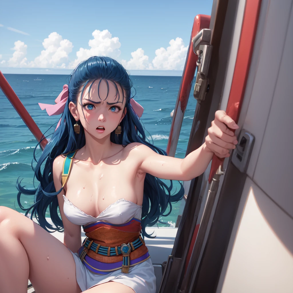 Nera、Hair Ribbon、Earrings、chest、Sash、（Highest quality、masterpiece、RAW Photos、Super detailed:1.2）、1 girl、小さなchest, Sitting, Upper Body, fist, Nigiru, Turn your body forward, hot, Sweating a lot, Wipe away sweat, looking at the camera, Ocean, On the boat, angry