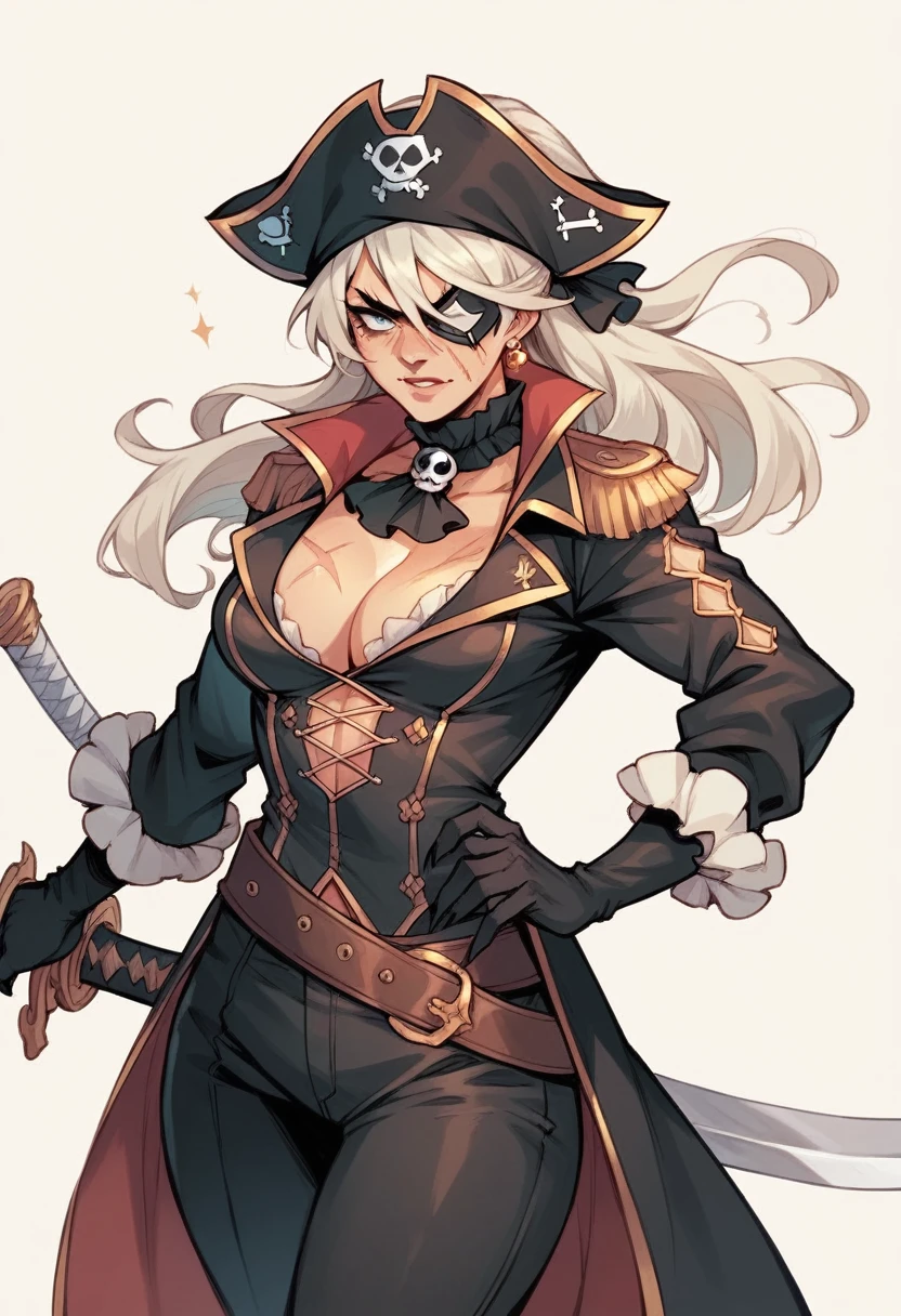 Character 2B, wearing a pirate cape, blindfold, on a white background, high image quality, 4K , front view