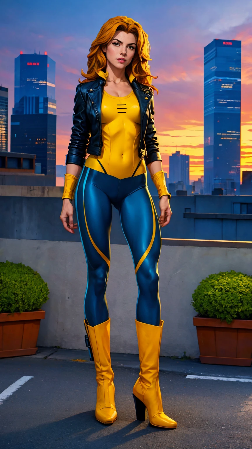 ((Full body shot, standing, feet on the ground)) Rogue, X-Men, (best quality, 4k, 8k, high resolution, leather jacket, cyclist body, masterpiece: 1.2), ultra-detailed, ( realistic, photorealistic, photorealistic: 1.37), full body photo, yellow high boots, voluminous hair, beauty pose, standing, show feet, outdoors, city roof at night, green bandana

