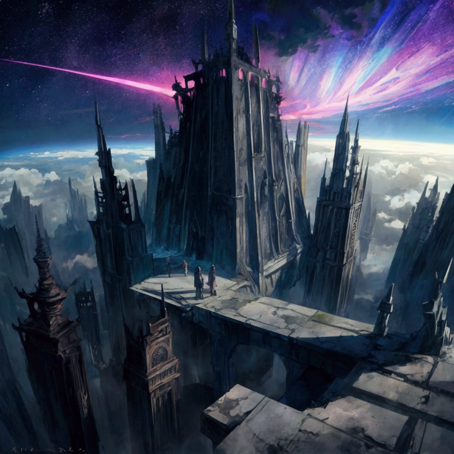 masterpiece, anime style, sharp, no people, perfect landscape, space, last world, ruins, bright, colorful, dark, creepy, atmospheric
