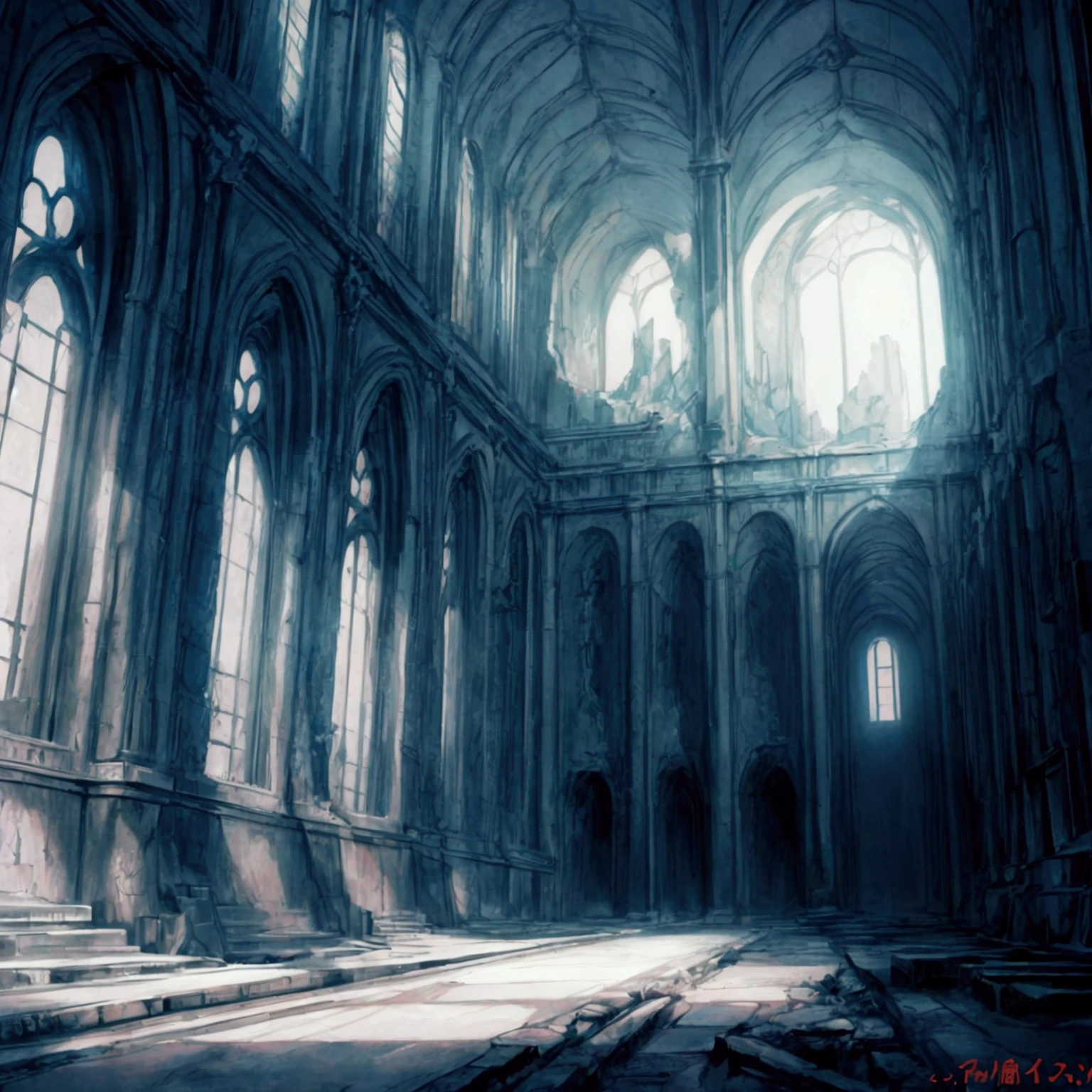 masterpiece, anime style, sharp, no people, perfect landscape, space, last world, ruins, bright, colorful, dark, creepy, atmospheric