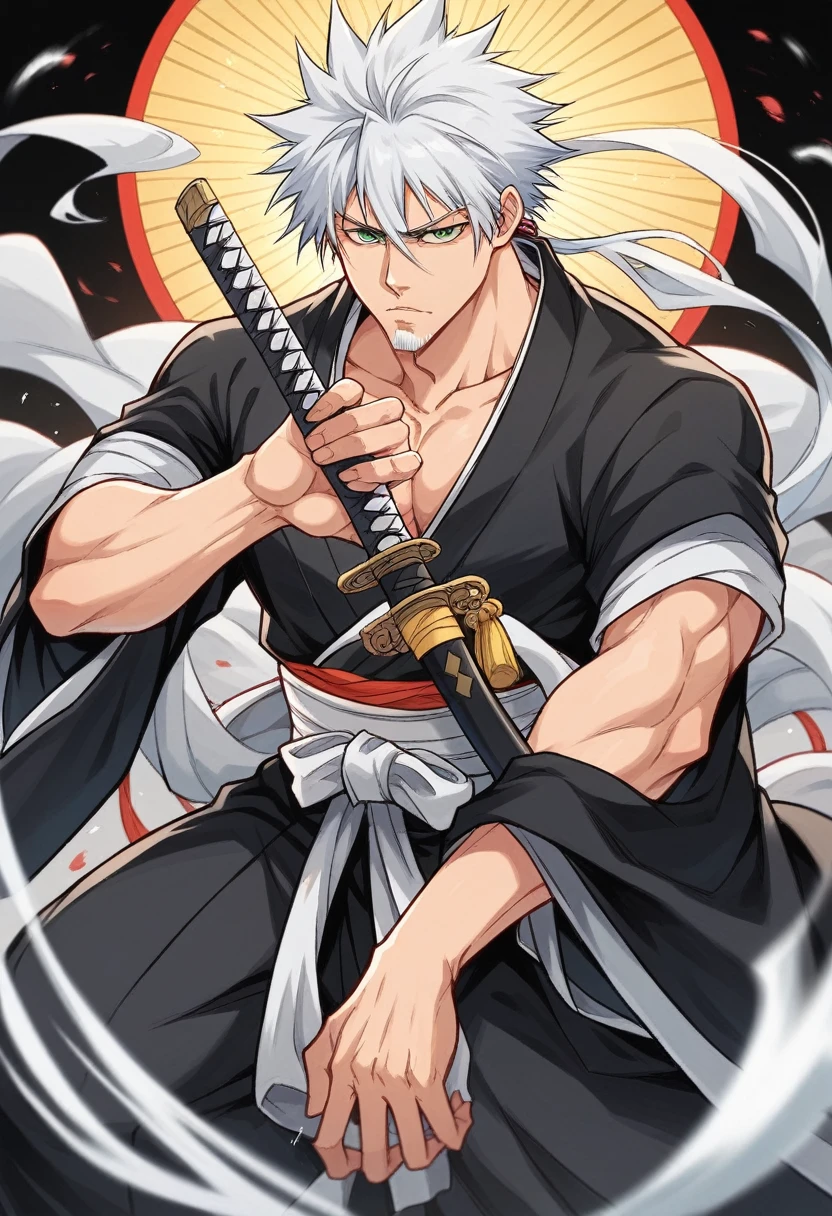 1 young boy, male focus,  details Intricate, 1 men, bonitas, White hair, vibrant green eyes, slim muscles, アニメ, 19yearsold, 19 years, a small goatee, kimono de Shinigami, Shinigami, bleach style, bleach, regatta, kimono, shortsleeves, glued sleeves, 2 Katanas, two swords, double katana, katana longa, ceifera of souls