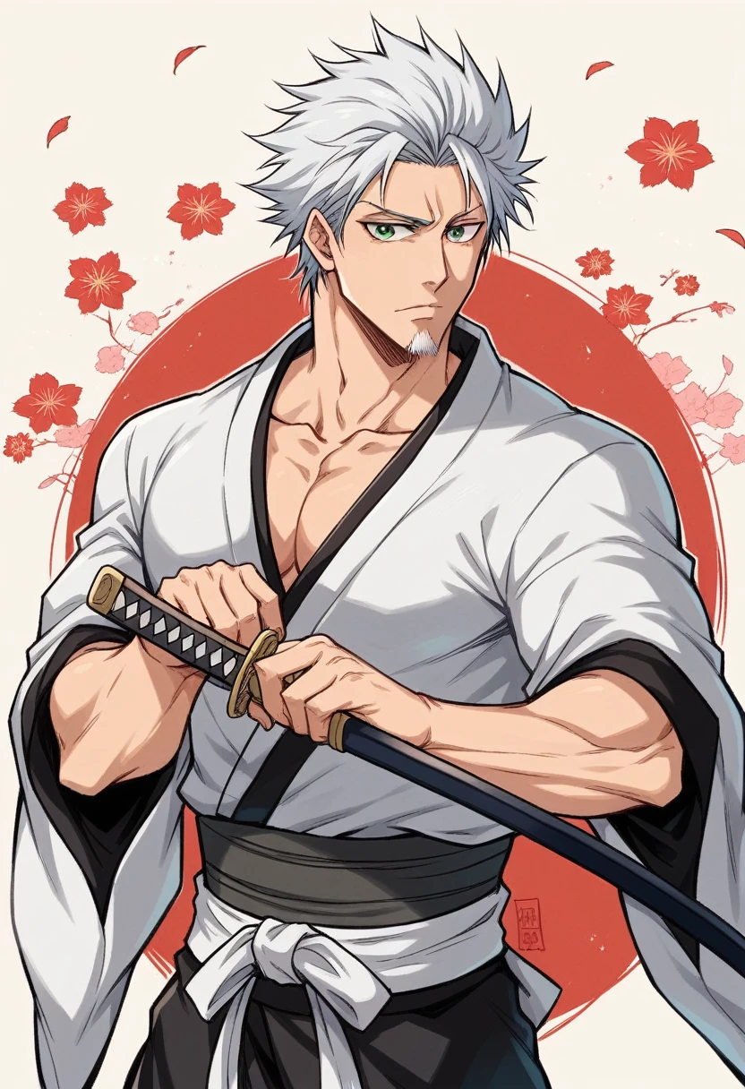 1 young boy, male focus, details Intricate, 1 men, bonitas, White hair, vibrant green eyes, slim muscles, アニメ, 19yearsold, 19 years, a small goatee, kimono de Shinigami, Shinigami, bleach style, bleach, regatta, kimono, shortsleeves, glued sleeves, 2 Katanas, two swords, double katana, katana longa, ceifera of souls