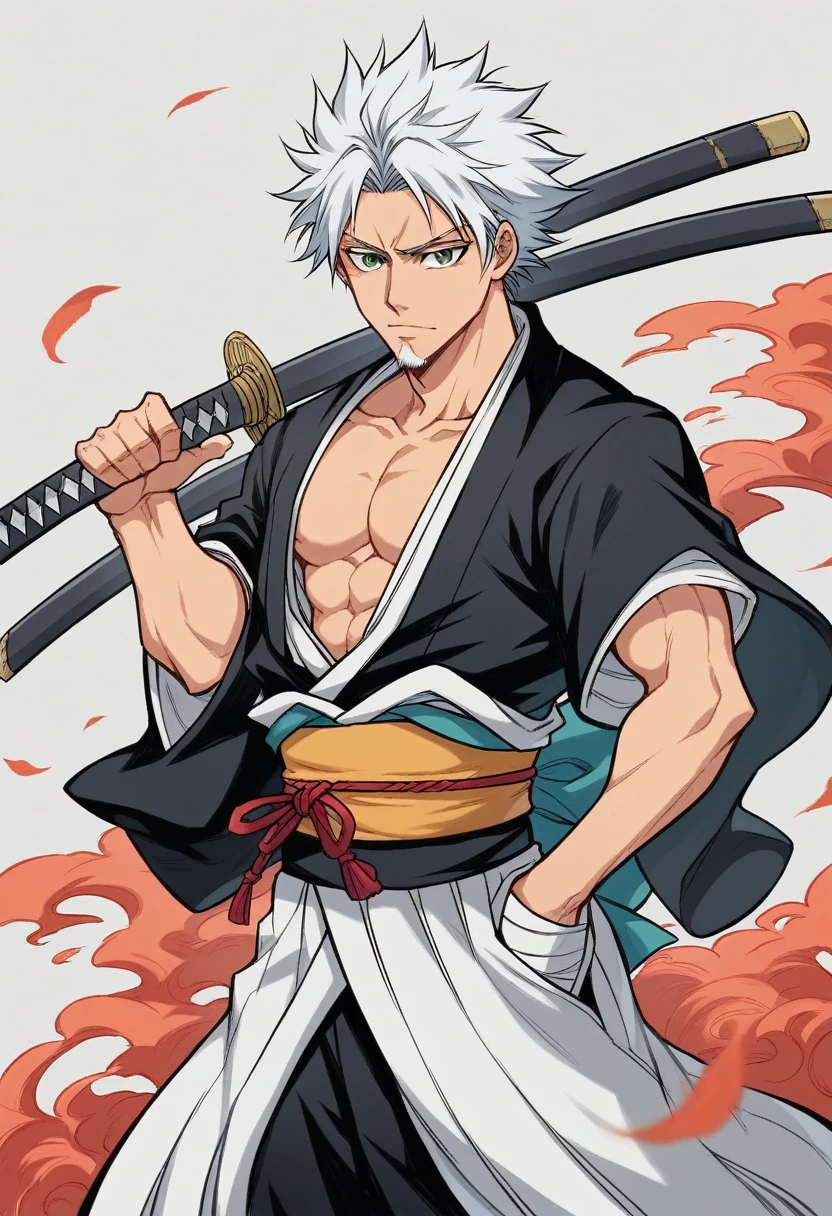 1 young boy, male focus, details Intricate, 1 men, bonitas, White hair, vibrant green eyes, slim muscles, アニメ, 19yearsold, 19 years, a small goatee, kimono de Shinigami, Shinigami, bleach style, bleach, regatta, kimono, shortsleeves, glued sleeves, 2 Katanas, two swords, double katana, katana longa, ceifera of souls