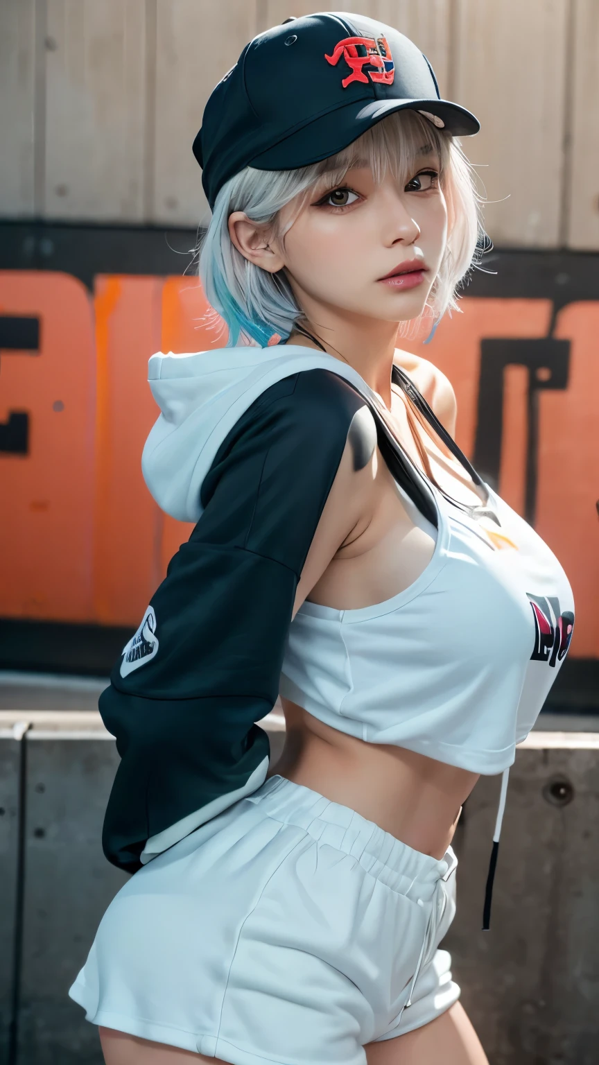 masterpiece, Highest quality, Very detailed, 8k, Realistic, One Girl, alone, Tomboy, Very detailed face, (head shot:1.5), Standing in front of a wall covered in hip hop graffiti, Cyberpunk neon cityscape,Pixie cut white hair, She is wearing a short neon tank top and an open hoodie....,I can see your chest,Nice ass,Wear a New Era cap