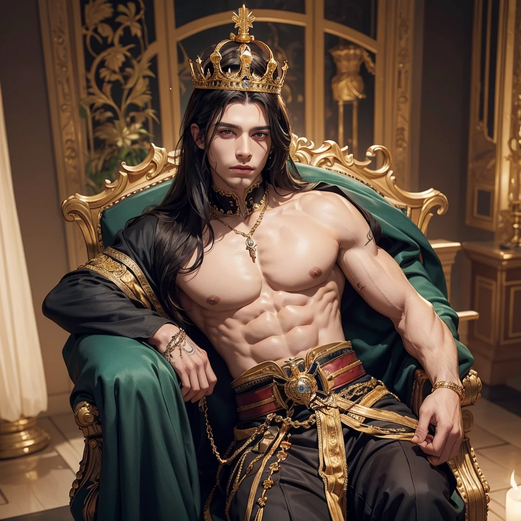 A man with a king's crown, the man with stunning appearance, having a 'V' shaped face, having a defined body with a defined and muscular chest, he has arms and hands, veins showing, he has healthy eyes slightly drawn, with light green eyes, he has long hair that goes down to his waist, his hair color is black, he must have a piercing in his left ear, his skin tone is white, this man must be sitting on a throne royal while wearing luxurious black king clothes with some gold parts, clear lighting, the setting is on the royal throne of a king's castle