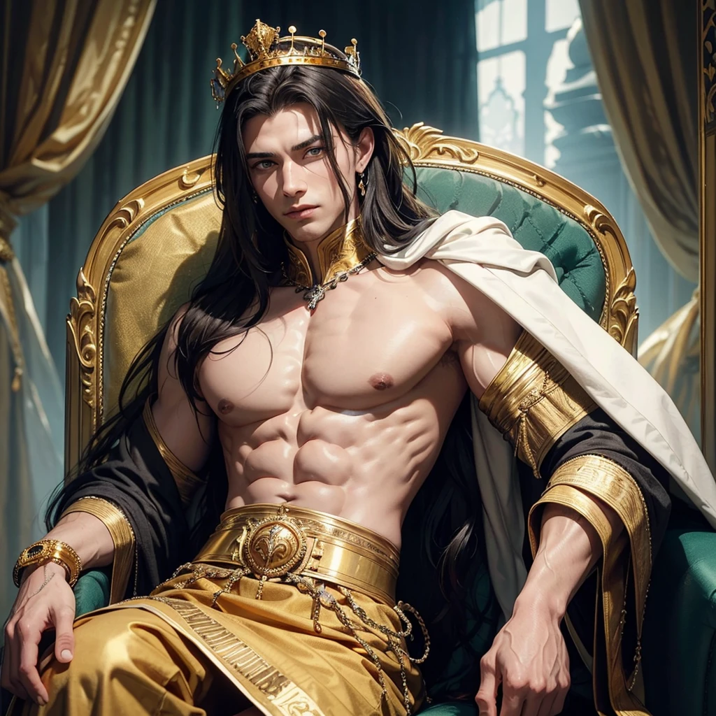 A man with a king's crown, the man with stunning appearance, having a 'V' shaped face, having a defined body with a defined and muscular chest, he has arms and hands, veins showing, he has healthy eyes slightly drawn, with light green eyes, he has long hair that goes down to his waist, his hair color is black, he must have a piercing in his left ear, his skin tone is white, this man must be sitting on a throne royal while wearing luxurious black king clothes with some gold parts, clear lighting, the setting is on the royal throne of a king's castle