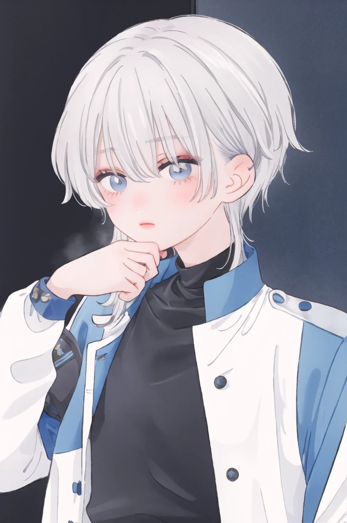 Boy, silver hair, blue eyes, sharp features, white skin, shirt, jacket