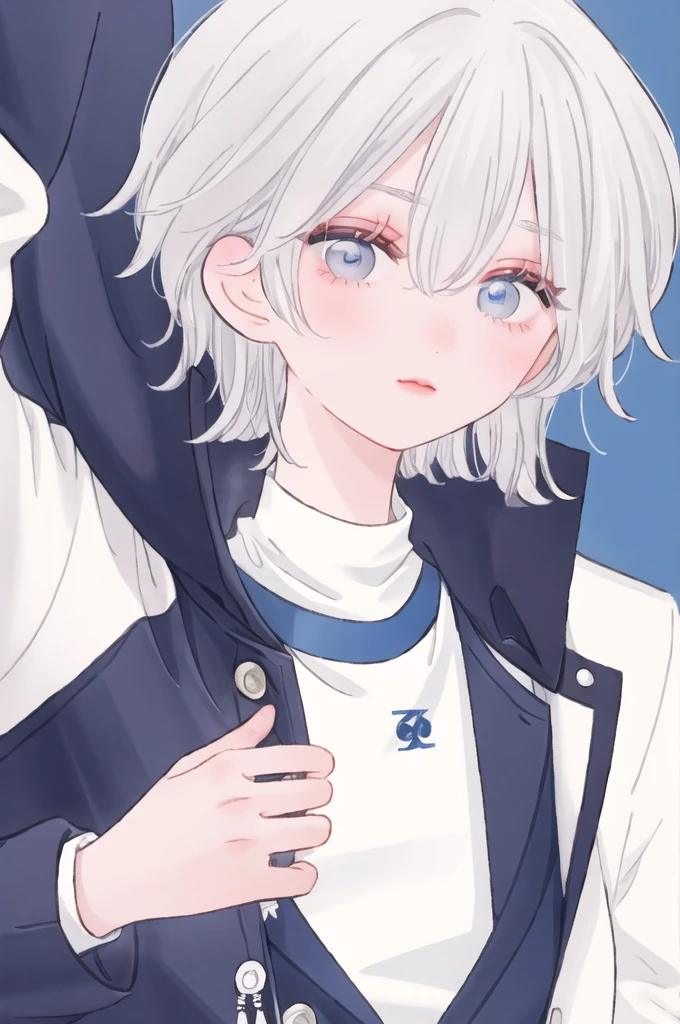 Boy, silver hair, blue eyes, sharp features, white skin, shirt, jacket