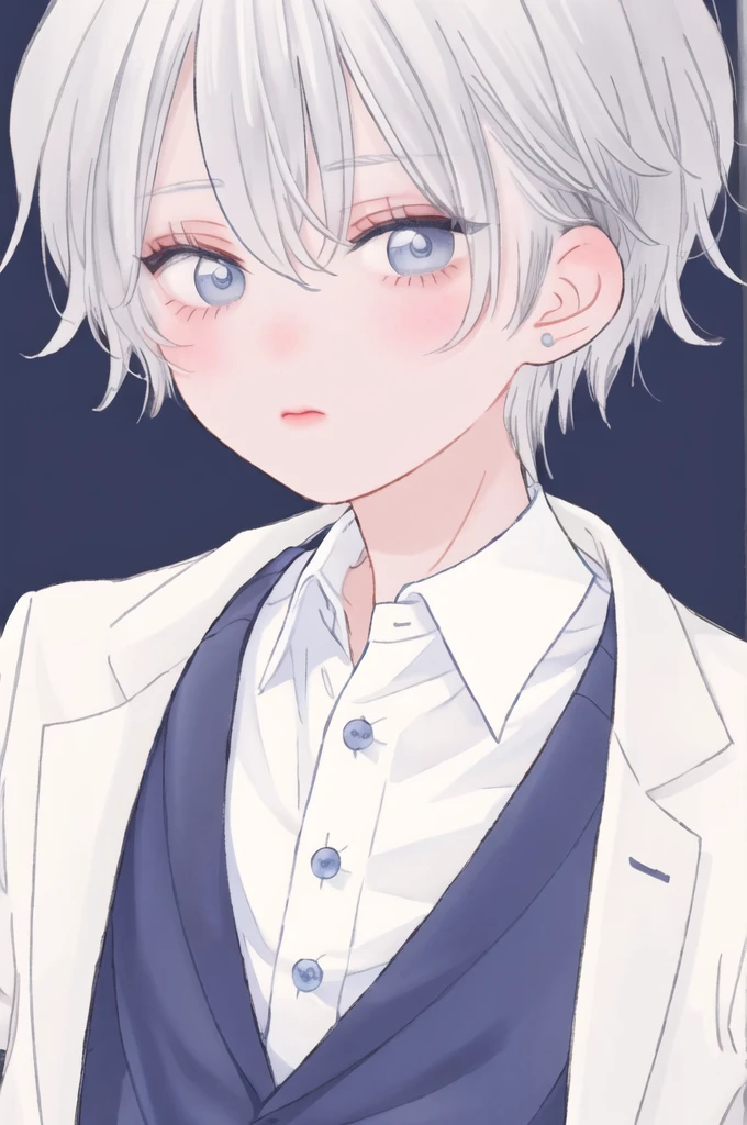 Boy, silver hair, blue eyes, sharp features, white skin, shirt, jacket