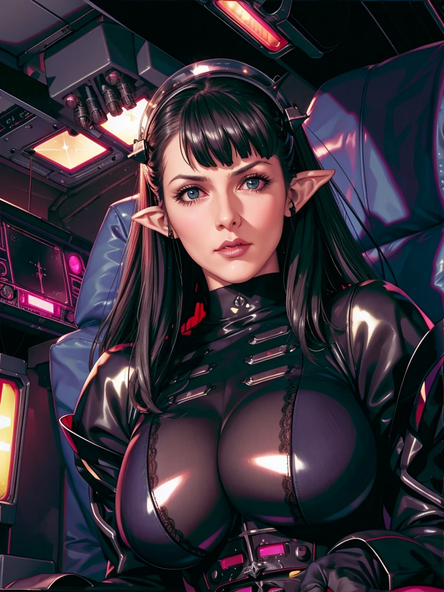 ((gothic vampire piloting in gothic spacecraft)), (((retro anime))), ((from below)), ((120 fov)), ((((gothic)) control panels)), (((mature))), (((gothic))), iridescent bodysuit, (((lace accessories))), ((pilot seat)), ((((lying back)) pose)), (((elegant))), (((serious tone))), ((cockpit top control panel)), intricate control panel details, close-up, 1990s (style), masterpiece, ((claustrophobic)), best quality, screens, ((pilot helmet)), night, (colorful cockpit lights), sparkles, (dramatic lighting), sweat, wet, [blushing], [[pointy ears]]