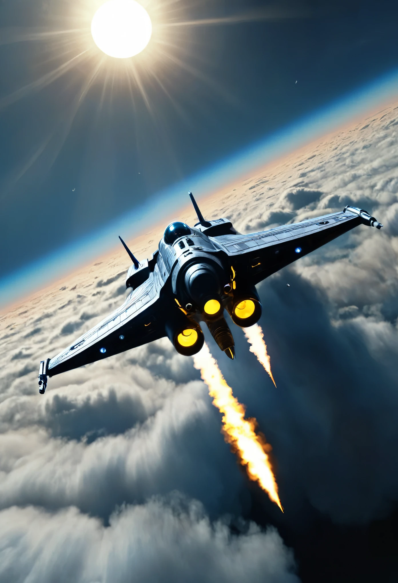 Backside view shot of a spaceship flying through the clouds, above the trees, dark moon and yellow sun in the skies, blue flame in the back engine helping with it's movement, scifi scene, 32k, ultra HD, unreal engine rendered, cinematic lighting, ridley scott movie, Denise villeneuve scifi movie 