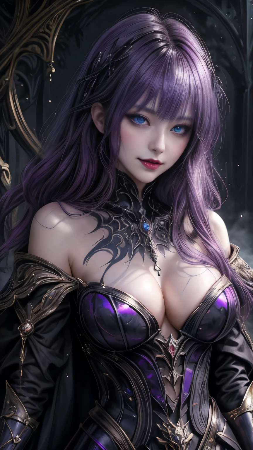 強力なスーパーevil女がクローズアップでポーズをとる, Black Goddess (Exposing shoulders), length, Flowing purple hair, View your audience, Highly detailed face, Perfect hands, Blue smoke swirling around her, evil事を愛する, Captivating blue eyes, Dark fantasy,  ， realistic girl rendering, 8k artistic german bokeh, Enchanting girl, Real Girls, Gurwitz, Gurwitz-style artwork, Girl Roleplay, Realistic 3D style, cgstation Popular Topics,, 8K Portrait Rendering,（truth，truth：1.4）、Genuine, Symmetric, Attention to detail, Esoteric arachnids lady, Spider Queen Elise, League of Legends, Esoteric arachnids, Combat Stance, ( The body is made with liquid metallic paints in metallic mauve and metallic black....、It beautifully depicts the female form....。), length, Sharp Fangs, nature, ((Complex metallic colors in the foreground)), (( Fluid Mechanics, The most beautiful smooth scale face makeup, Smirking expression)) - Dark blood, Onyxia、Noir painting of a beautiful young witch, length purple hair, dark purple lips, evil, evil女, smile, Black Prom Dress, She is coming to you, close, Bright Blue Eyes, Surrounded by swirling pink smoke, Genuine, Attention to detail, Highest quality