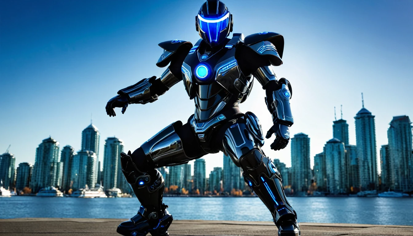 Jet black cybernetic mech suit ready for battle, battle pose, full body shot, Vancouver Canada, high-quality artwork, metal armour, intense lighting, cityscape background, heroic pose, dramatic shadows. hockey mask with blue visor