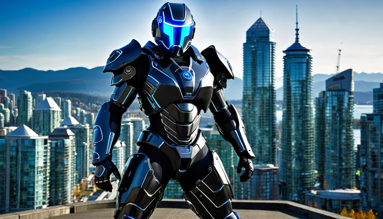 Jet black cybernetic mech suit ready for battle, battle pose, full body shot, Vancouver Canada, high-quality artwork, metal armour, intense lighting, cityscape background, heroic pose, dramatic shadows. hockey mask with blue visor