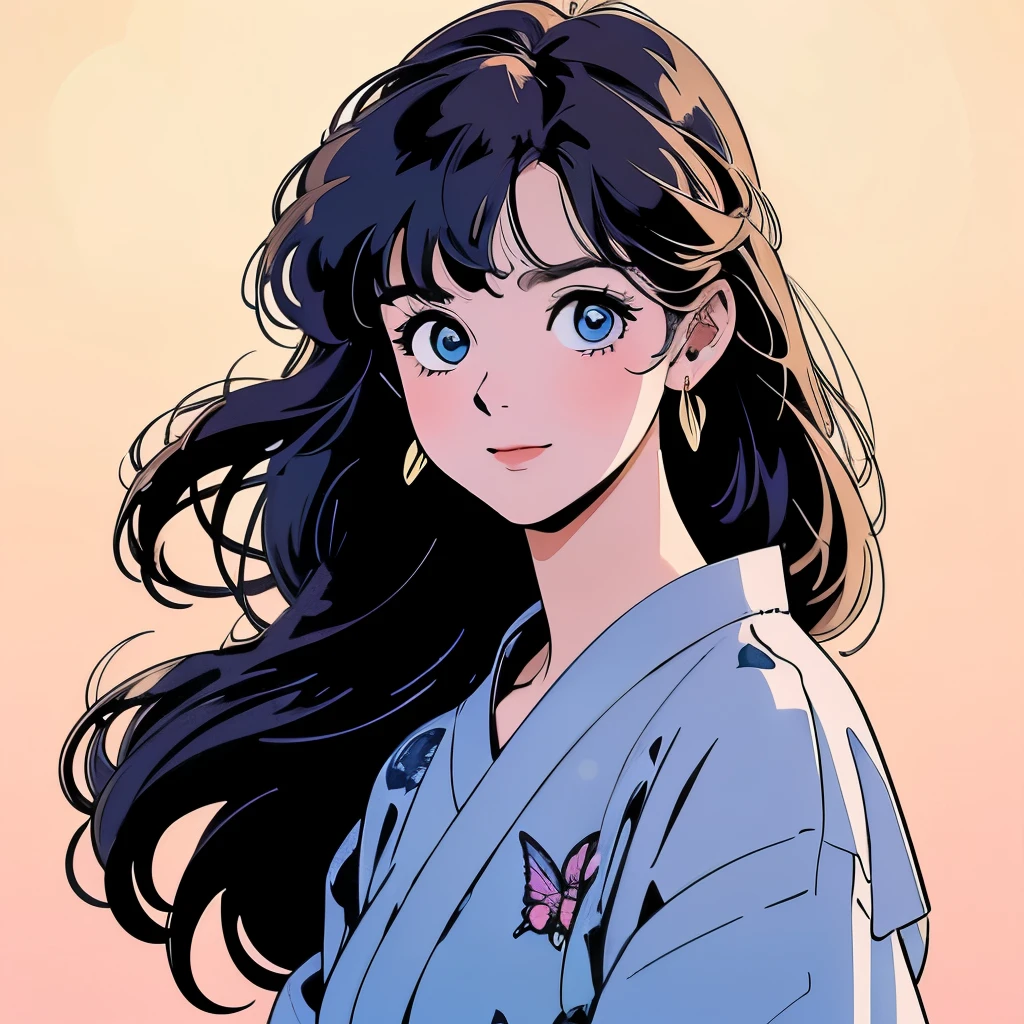 No text,whole body、Move your upper body slightly to the side and forward, Beautiful women,4K、
wearing japanese yukata、flying butterfly background,Detailed Hair、blue eyes、Light brown hair,shy smile