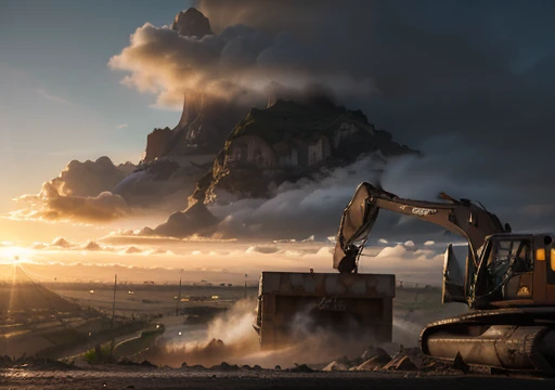 Warehouse, epic, absurdres, (workers behind set 1.1) cinematic, dynamic view angle, volumetric lights, mist, cinematic, dutch angle, quarry, dust, volumetric lights, wet road after rain, mist, sunset, sun low on horizon, cloud, landmark project