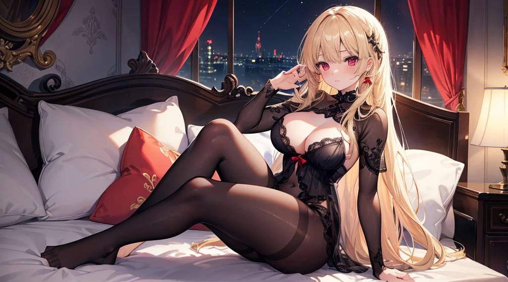 Highest quality, masterpiece,, figure, wallpaper,One girl,underwear, Light Hair, Beautiful detailed girl, Highly detailed eyes and face, Beautiful attention to detail, Shine,Browsing Caution, View your viewers, bed, night, Black Pantyhose, Straight hair, Red Eyes, long hair,Blonde, thick_Thighs, Large Breasts, Red eyes,