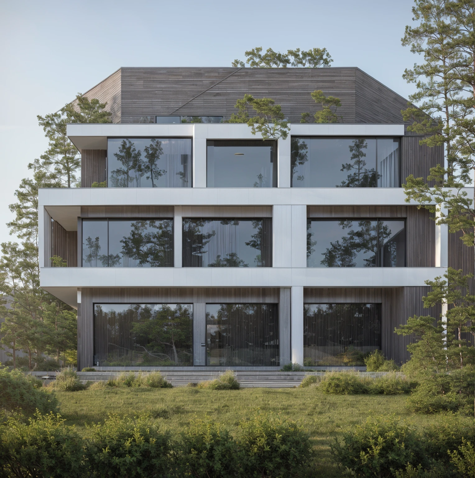 RAW photo, subject, 8k uhd, dslr, soft lighting, high quality, film grain, Photo of a modern villa, modern architecture, simple facade, glass railing, trees, skylight, palm tree, gray stone walling, wooden, (realistic:1.4), (masterpiece:1.4), ceiling wood, (white painted wall:1.3), (daylight:1.4), (sunlight:1.4) yard, grass