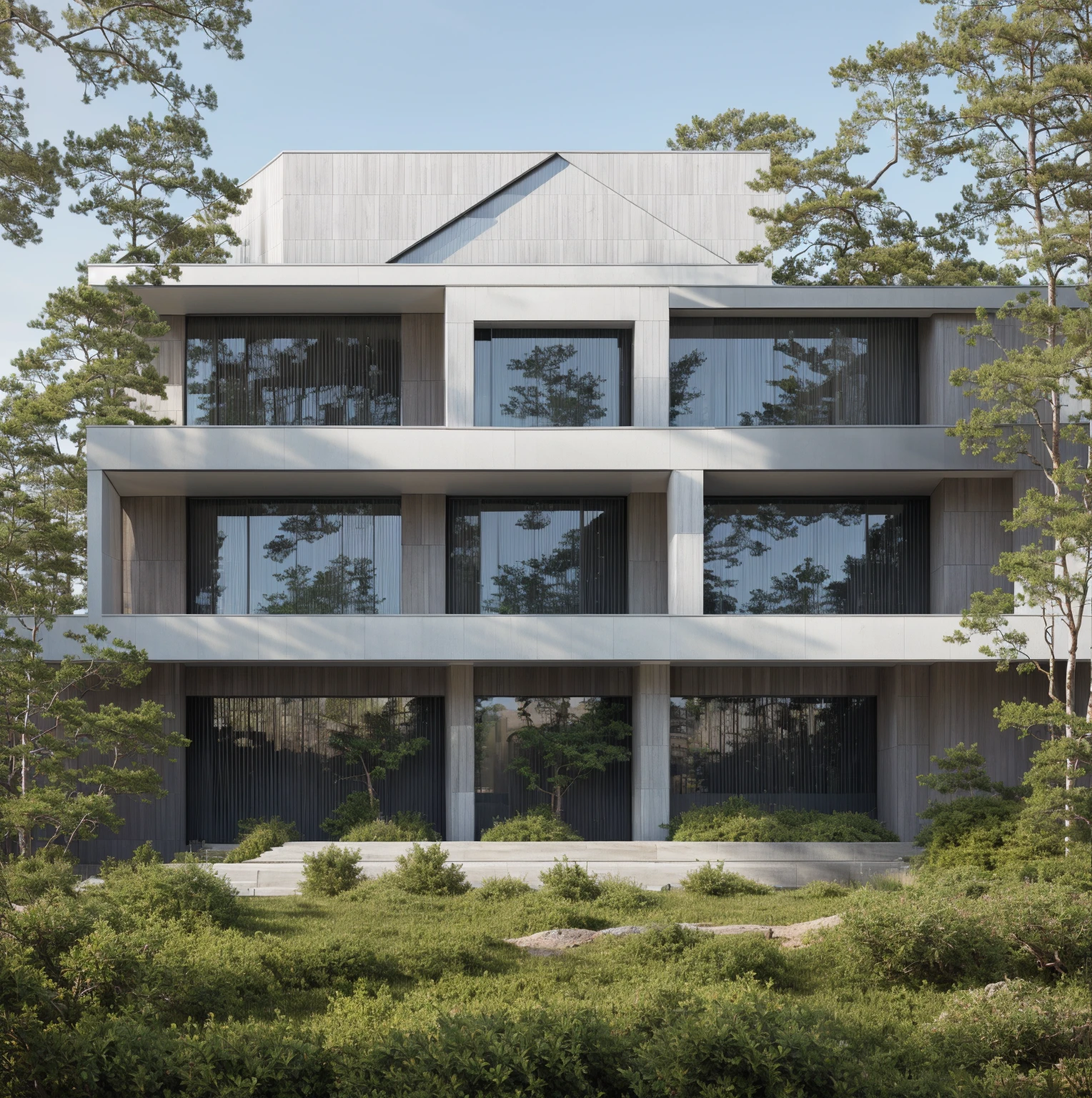 RAW photo, subject, 8k uhd, dslr, soft lighting, high quality, film grain, Photo of a modern villa, modern architecture, simple facade, glass railing, trees, skylight, palm tree, gray stone walling,  wooden, (realistic:1.4), (masterpiece:1.4), ceiling wood, (white painted wall:1.3), (daylight:1.4), (sunlight:1.4) yard, grass