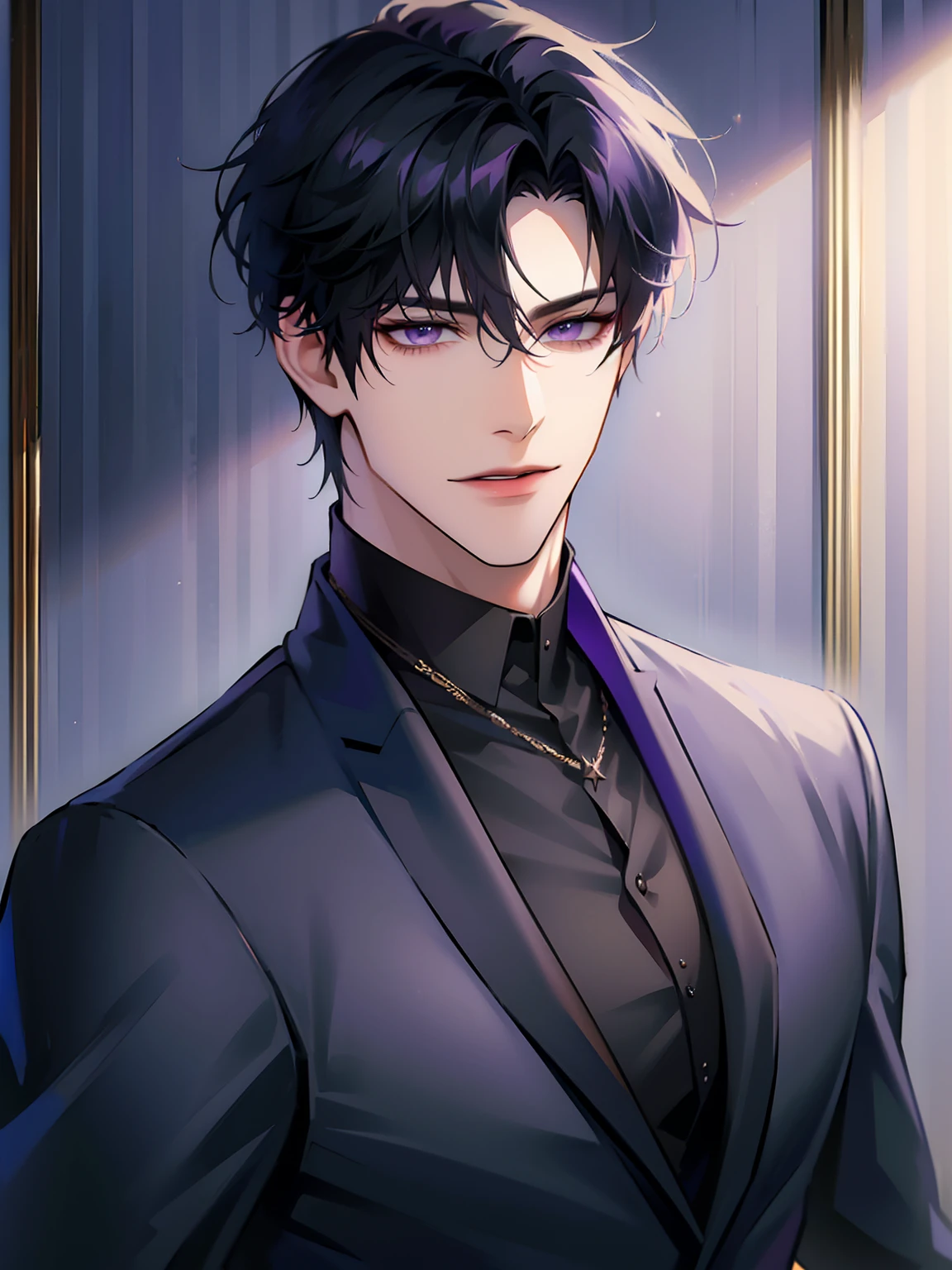 (masterpiece, 8k, high quality, best quality:1.6), 1boy, solo, short hair, black hair, asymmetrical fringe, purple eyes, handsome, sharp eyes, (mature male, mature:1.2), male focus, fashionable, tucked in open purple collared shirt, necklace, indoors, bedroom, light brown wallpaper, close up, smile, long eyelashes, soft shadows, perfect anatomy