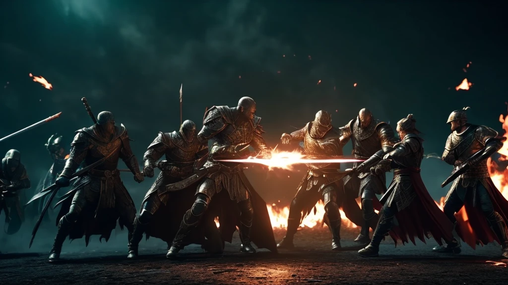 Epic battle scenes, monsters emerging from the darkness, heroes fighting rpg style 4k cinemact flame trailer film