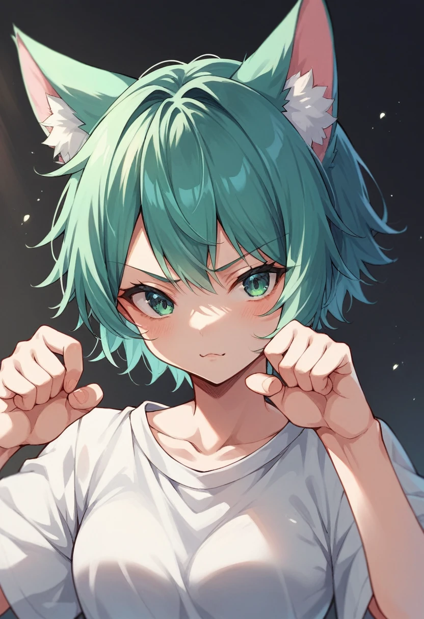 a closeup of a cartoon character with fox ears, fox girl, mikudayo, anime moe art style, Cat Mimi, short hair, anime girl with teal hair, dominant pose, portrait