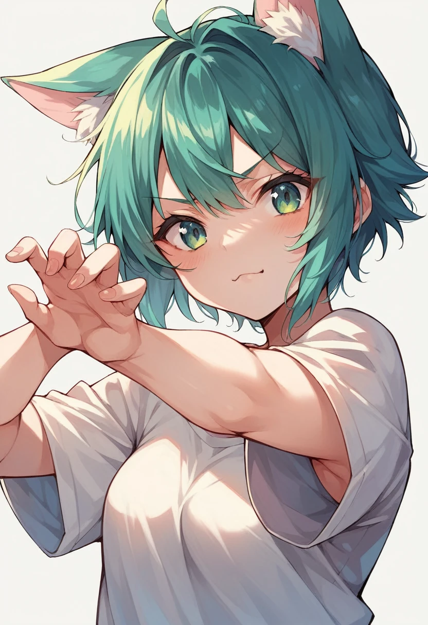 a closeup of a cartoon character with fox ears, fox girl, mikudayo, anime moe art style, Cat Mimi, short hair, anime girl with teal hair, dominant pose, portrait