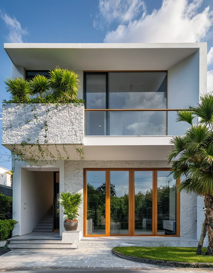 Masterpiece, high quality, best quality, authentic, super detail, outdoors, onestoreyvillaXL, aiaigroup, house style modern on the street ,stairs, white wall ,road,pavement, grass, trees, sky, cloud, (daylight:1.1)