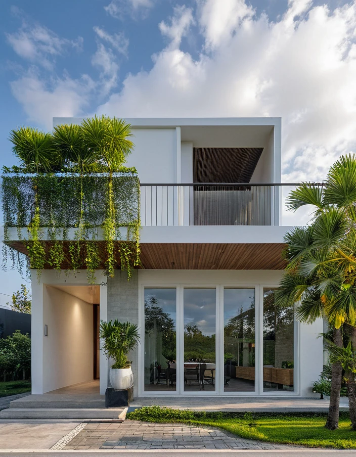 Masterpiece, high quality, best quality, authentic, super detail, outdoors, onestoreyvillaXL, aiaigroup, house style modern on the street ,stairs, white wall ,road,pavement, grass, trees, sky, cloud, (daylight:1.1)